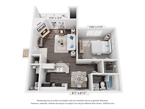 Floor plan for 1 bed, 1 bath, 775 sqft